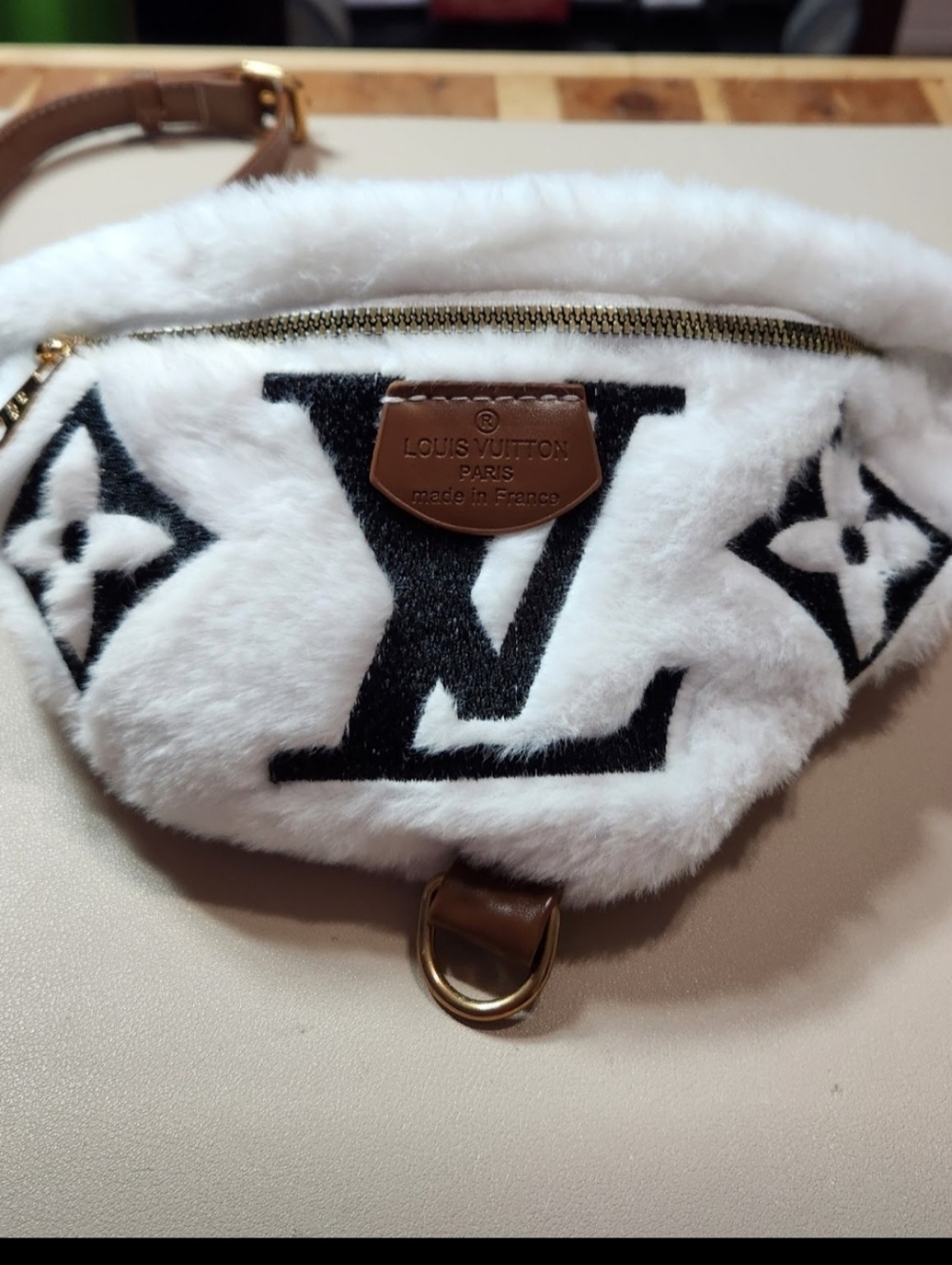 White & Black Fur Logo Belt Bag